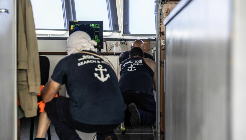 Crew of the 'Ocean Viking' trying to get shelter at the ship's bridge.