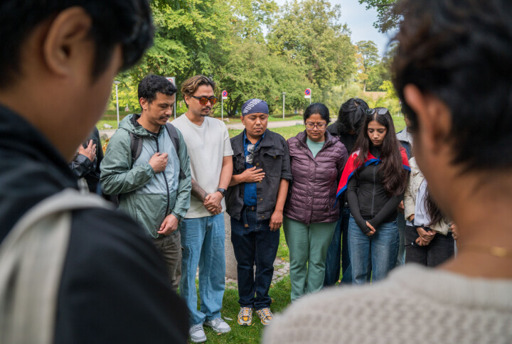 Nepali protesters in Copenhagen hold a moment of silence in front of the Nepal Embassy in Copenhagen on Sept. 10 to pay tribute to the protesters who died in Nepal on Sept. 8 and 9.