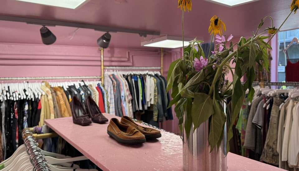 Brightly coloured second-hand clothing and shoes at Quirkly Lane, in
København K.