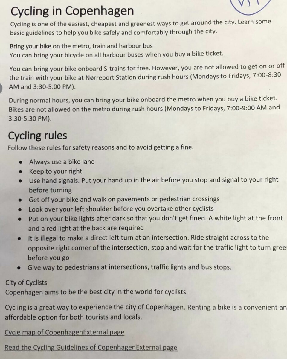 Cycling rules of one rental shop in Copenhagen.