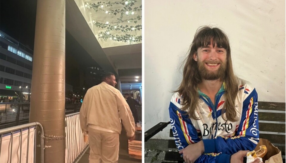 Venstre: Åboulevarden set fra Die Bierbars perspektiv. Højre: Ebbe Allan Okkerstrøm, der spiser sin sene aftensmad på Frederiksgade.
