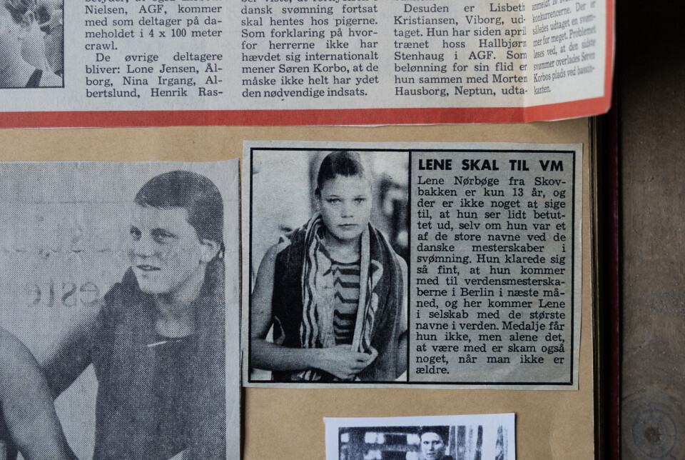 At one with the water scrapbook photo of a newspaper article featuring young Lene after a race