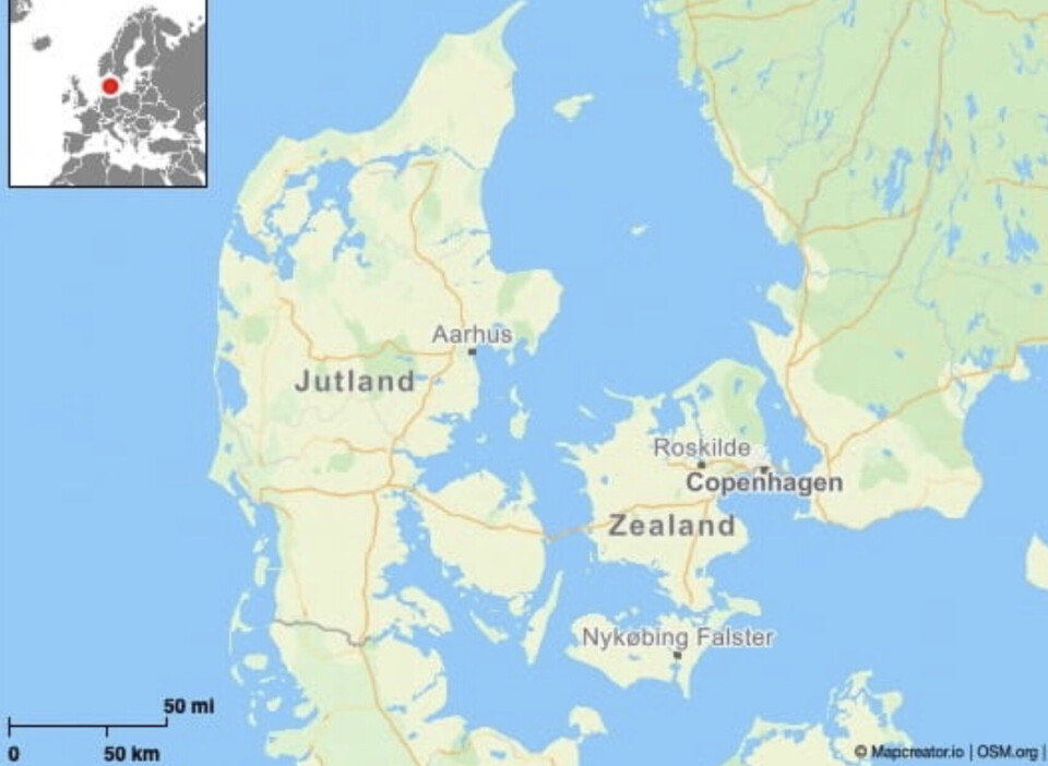 Map of Denmark, with Nykøbing Falster in the southern part of the country’s eastern regions, 130 kilometers from the capital city Copenhagen.