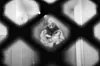 Blurred view of a postal worker approaching behind patterned glass in an entryway.